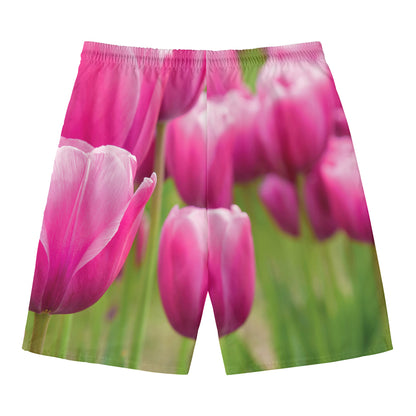 Pink Tulip Print Men's Swim Trunks