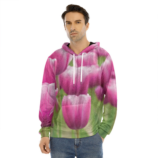 Pink Tulip Print Men's Velvet Pullover Hoodie