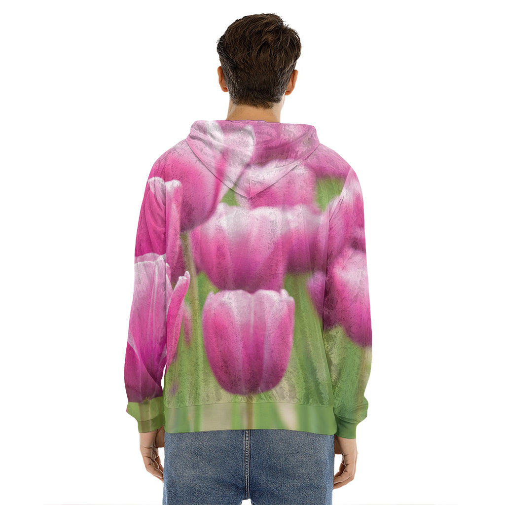 Pink Tulip Print Men's Velvet Pullover Hoodie