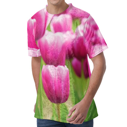 Pink Tulip Print Men's Velvet T-Shirt
