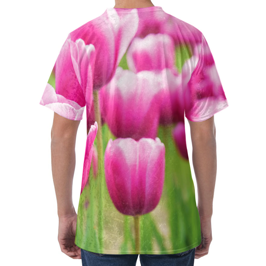 Pink Tulip Print Men's Velvet T-Shirt