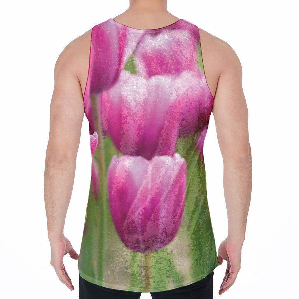 Pink Tulip Print Men's Velvet Tank Top