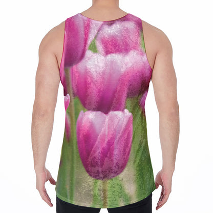 Pink Tulip Print Men's Velvet Tank Top