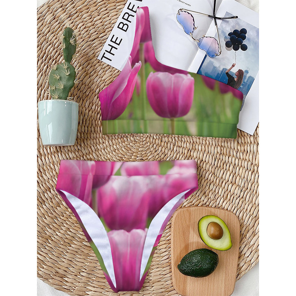 Pink Tulip Print One Shoulder Bikini Top