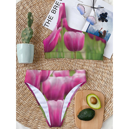 Pink Tulip Print One Shoulder Bikini Top