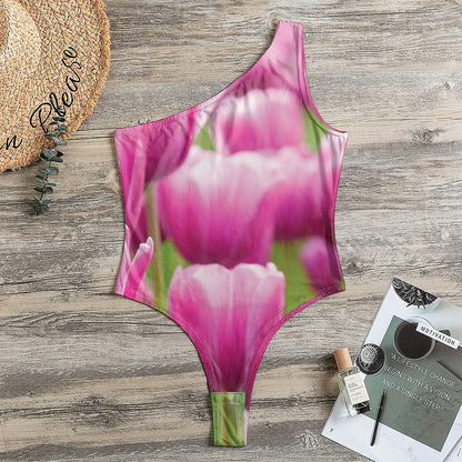 Pink Tulip Print One Shoulder Bodysuit