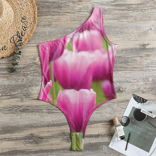 Pink Tulip Print One Shoulder Bodysuit