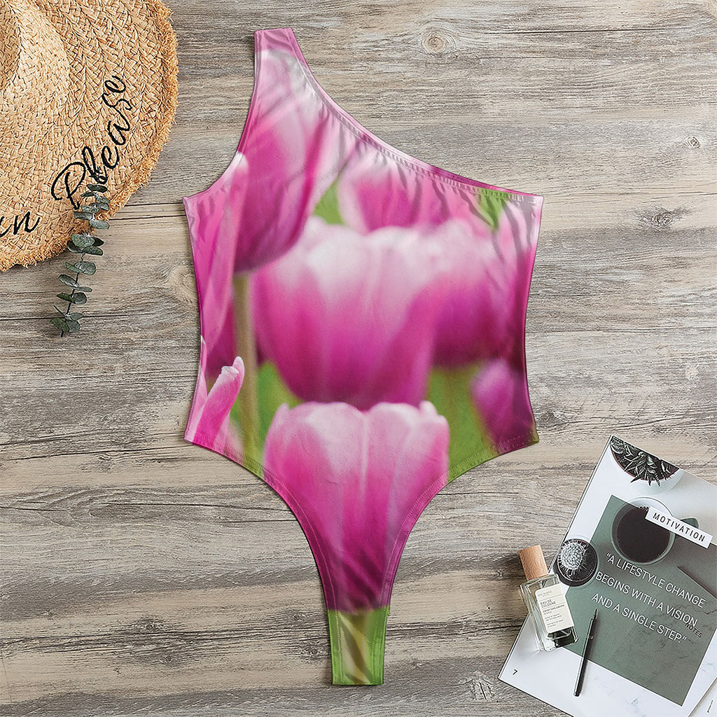 Pink Tulip Print One Shoulder Bodysuit
