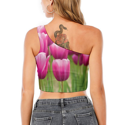 Pink Tulip Print One Shoulder Crop Top