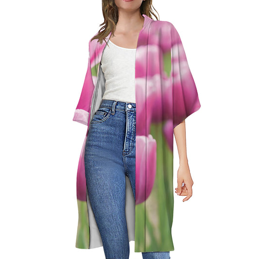 Pink Tulip Print Open Front Beach Cover Up