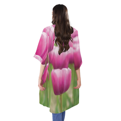 Pink Tulip Print Open Front Beach Cover Up