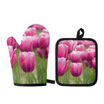 Pink Tulip Print Oven Mitt And Pot Holder Set