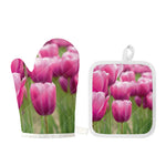Pink Tulip Print Oven Mitt And Pot Holder Set