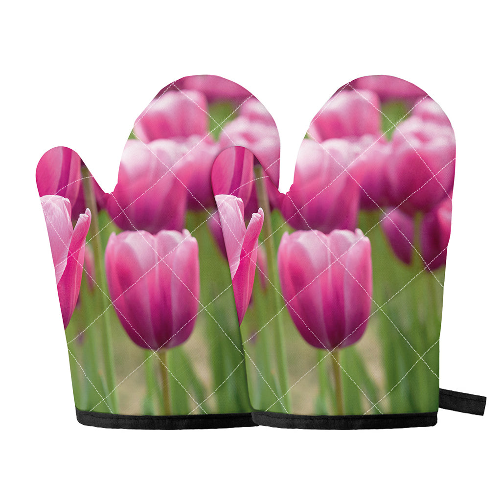 Pink Tulip Print Oven Mitts