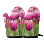 Pink Tulip Print Oven Mitts