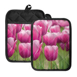 Pink Tulip Print Pot Holders With Pocket