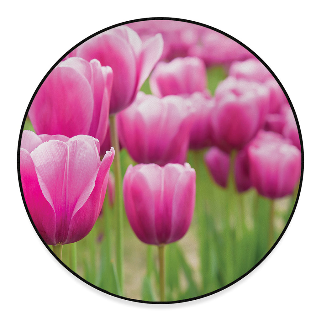 Pink Tulip Print Round Floor Mat