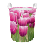Pink Tulip Print Round Laundry Basket