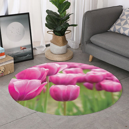 Pink Tulip Print Round Rug