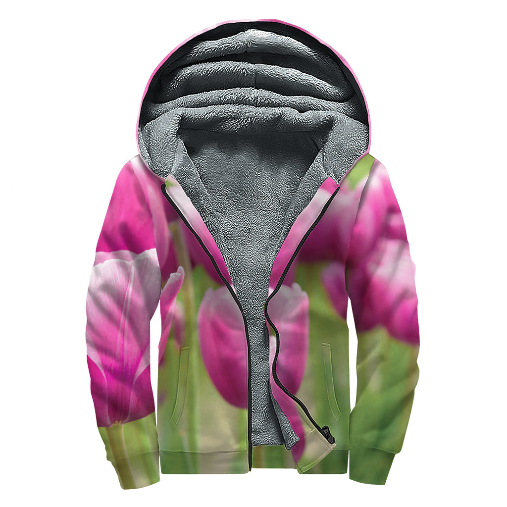 Pink Tulip Print Sherpa Lined Zip Up Hoodie