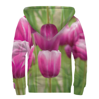 Pink Tulip Print Sherpa Lined Zip Up Hoodie
