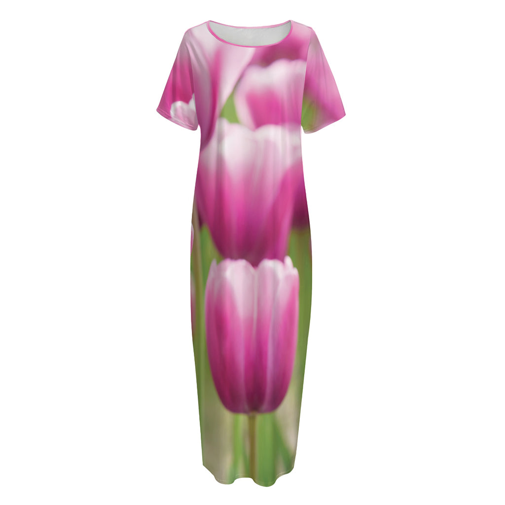 Pink Tulip Print Short Sleeve Long Nightdress