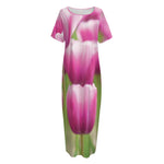 Pink Tulip Print Short Sleeve Long Nightdress