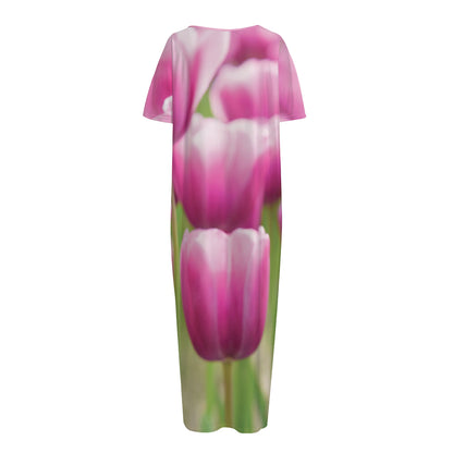Pink Tulip Print Short Sleeve Long Nightdress