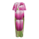 Pink Tulip Print Short Sleeve Long Nightdress