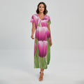 Pink Tulip Print Short Sleeve Maxi Dress