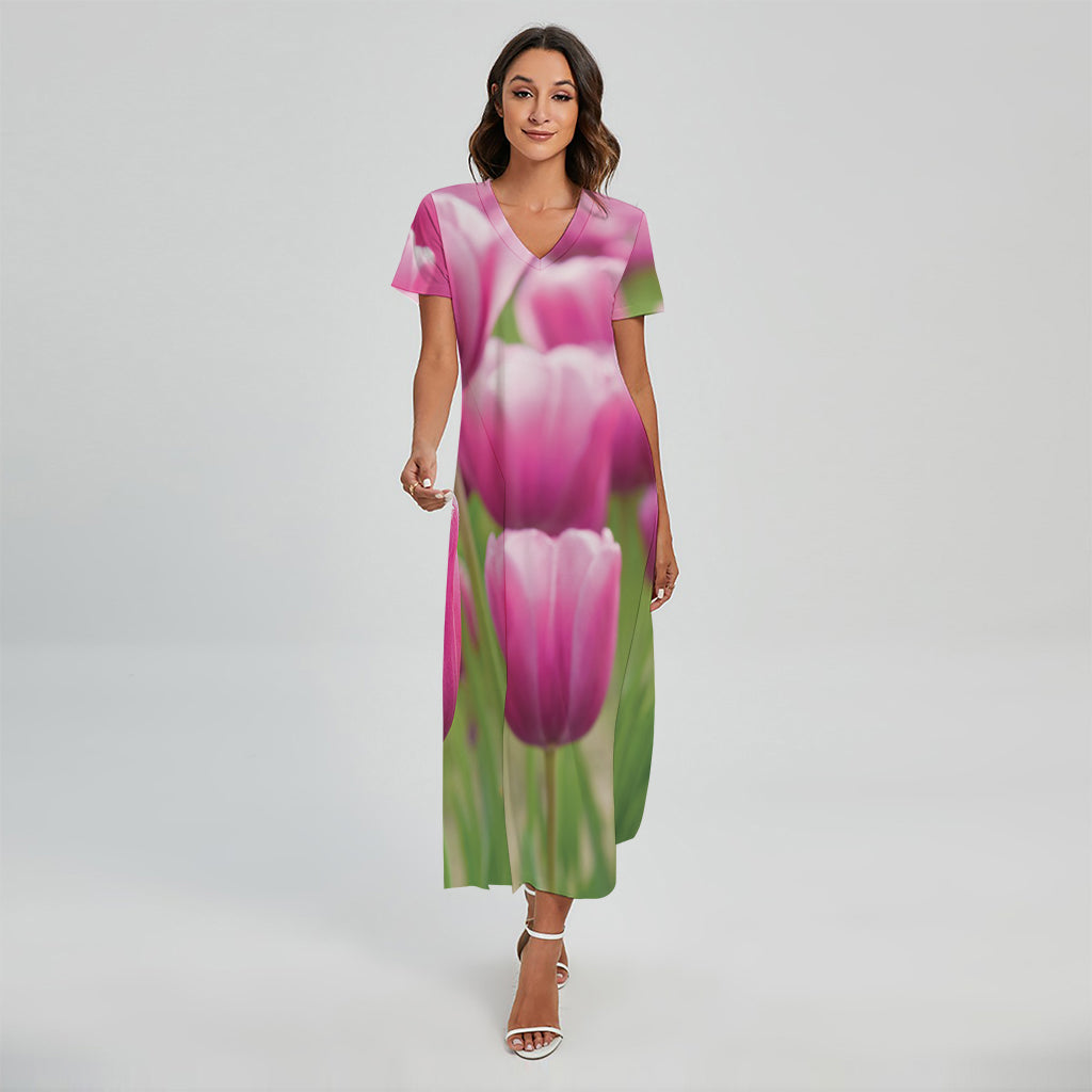 Pink Tulip Print Short Sleeve Maxi Dress