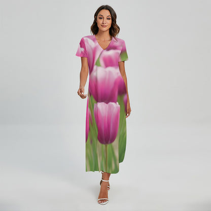 Pink Tulip Print Short Sleeve Maxi Dress