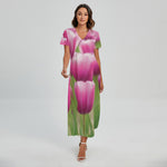 Pink Tulip Print Short Sleeve Maxi Dress
