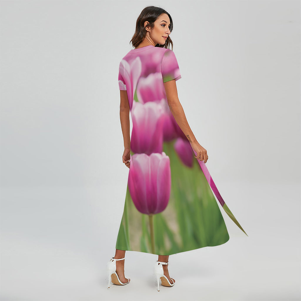 Pink Tulip Print Short Sleeve Maxi Dress