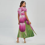 Pink Tulip Print Short Sleeve Maxi Dress