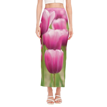 Pink Tulip Print Side Slit Maxi Skirt
