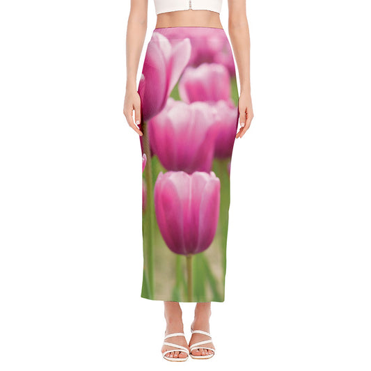 Pink Tulip Print Side Slit Maxi Skirt