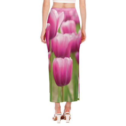 Pink Tulip Print Side Slit Maxi Skirt