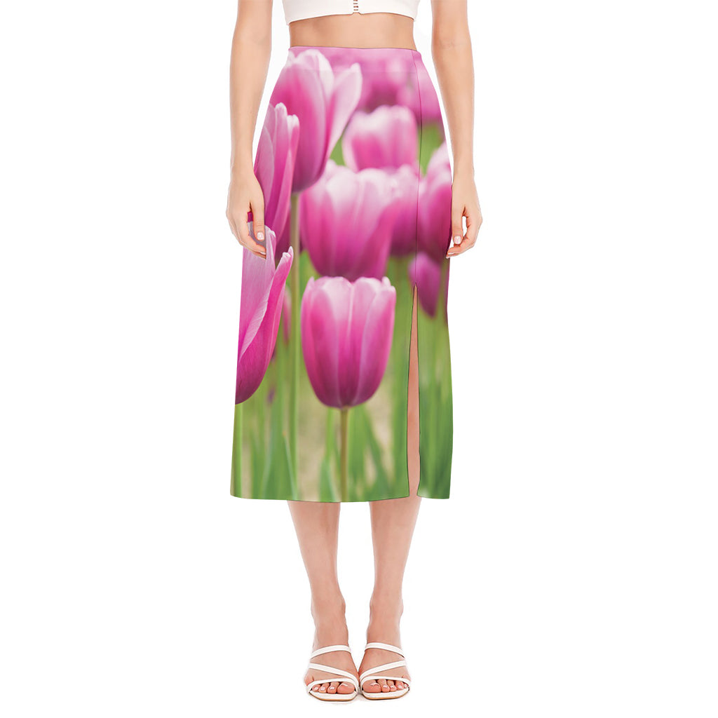 Pink Tulip Print Side Slit Midi Skirt
