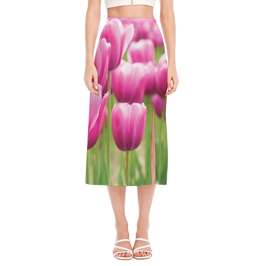 Pink Tulip Print Side Slit Midi Skirt