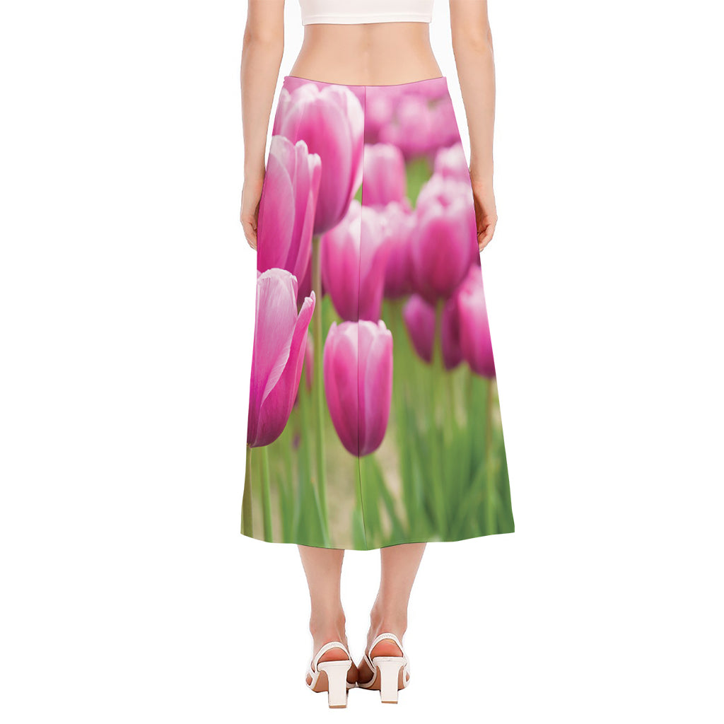 Pink Tulip Print Side Slit Midi Skirt
