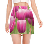 Pink Tulip Print Side Slit Mini Skirt