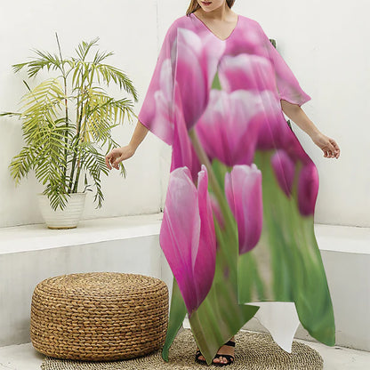 Pink Tulip Print Silk V-Neck Kaftan Dress