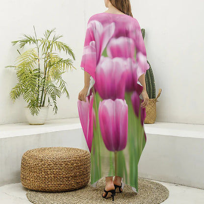 Pink Tulip Print Silk V-Neck Kaftan Dress