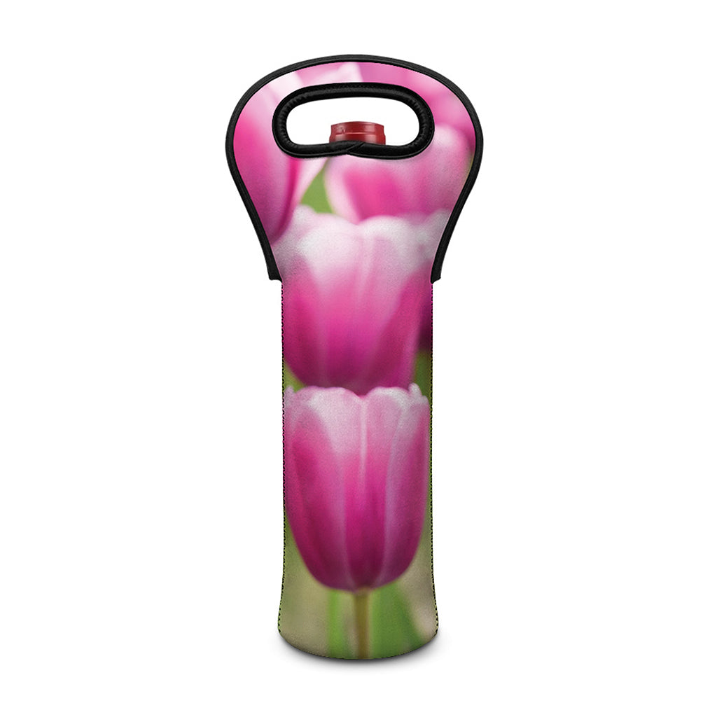 Pink Tulip Print Single Neoprene Wine Tote
