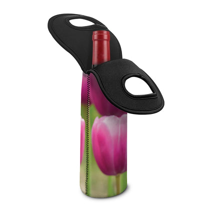 Pink Tulip Print Single Neoprene Wine Tote