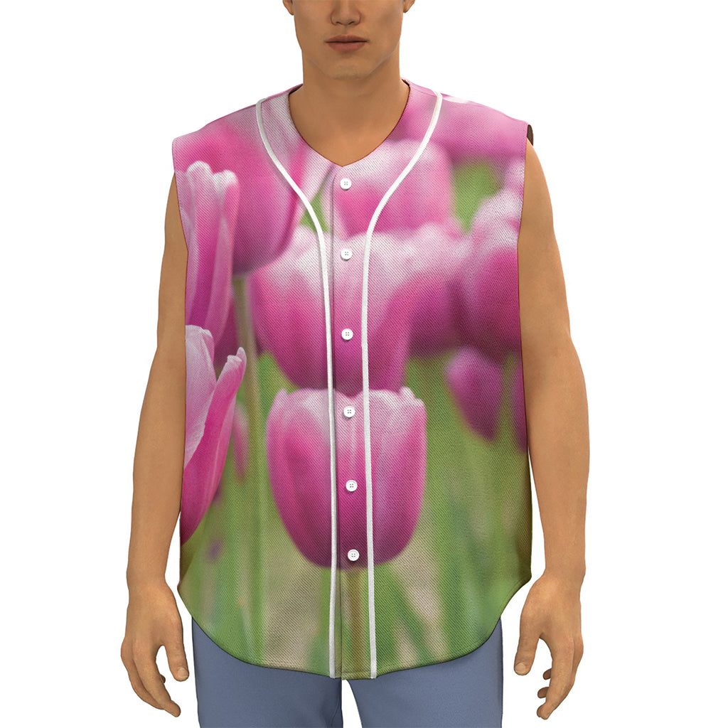 Pink Tulip Print Sleeveless Baseball Jersey