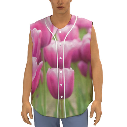 Pink Tulip Print Sleeveless Baseball Jersey