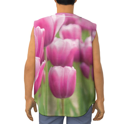 Pink Tulip Print Sleeveless Baseball Jersey