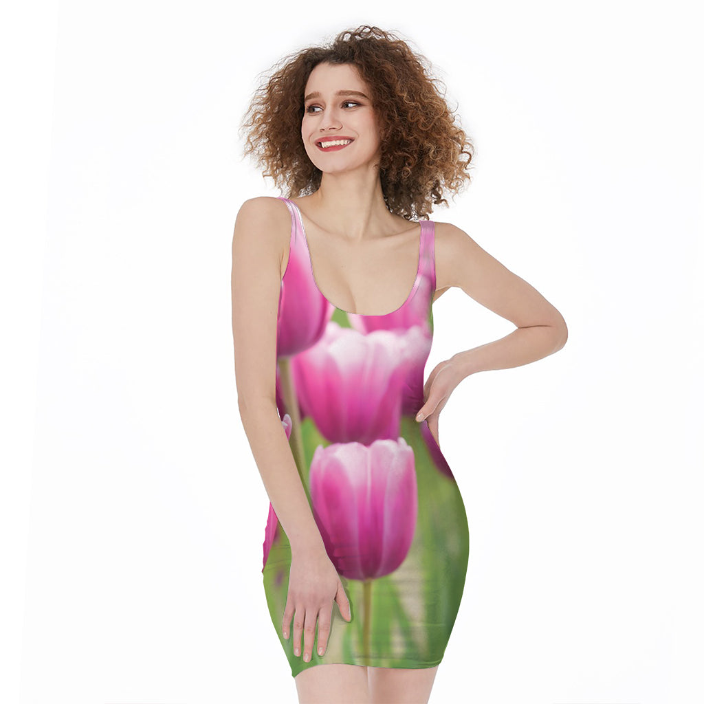 Pink Tulip Print Sleeveless Bodycon Dress